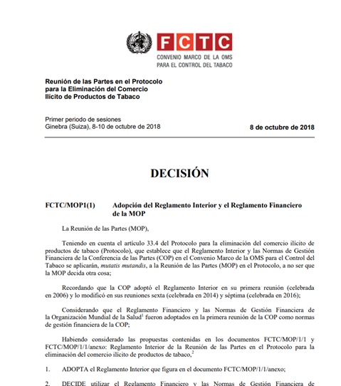 FCTC/MOP1(1) Adopción del Reglamento Interior y el Reglamento Financiero de la MOP
