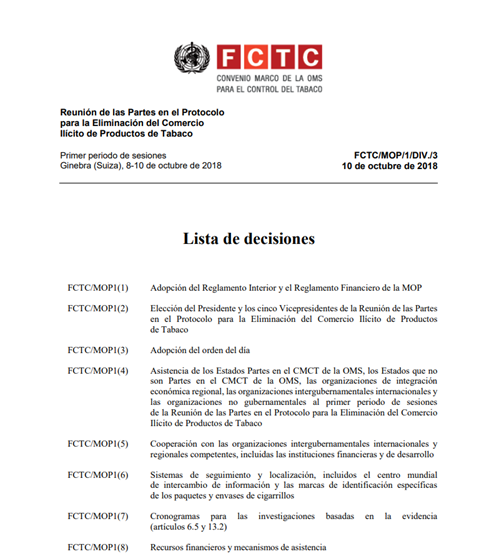 FCTC/MOP1(9) Progresos hacia la entrada en vigor del Protocolo para la eliminación del comercio ilícito de productos de tabaco