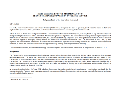 Needs assessment - background note Secretariat of the WHO FCTC