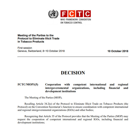 FCTC/MOP1(5) Cooperation with competent international and regional intergovernmental organizations, including financial and development institutions