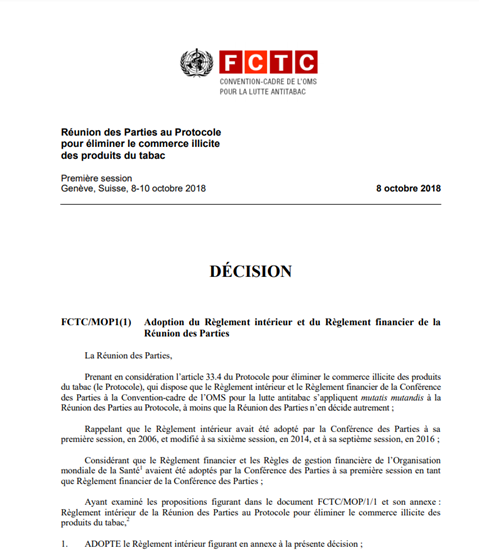 FCTC/MOP1(1) Adoption du Règlement intérieur et du Règlement financier de la Réunion des Parties