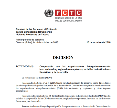FCTC/MOP1(5) Cooperación con las organizaciones intergubernamentales internacionales y regionales competentes, incluidas las instituciones financieras y de desarrollo