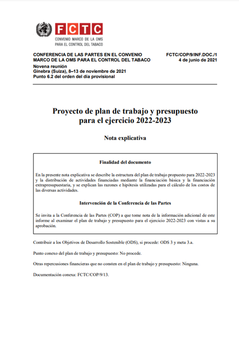 FCTC/COP/9/INF.DOC./1 Proyecto de plan de trabajo y presupuesto para el ejercicio 2022-2023