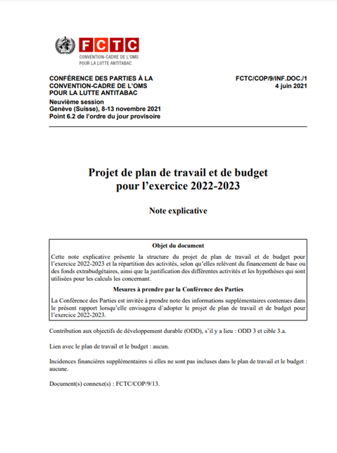 FCTC/COP/9/INF.DOC./1 Projet de plan de travail et de budget pour l’exercice 2022-2023